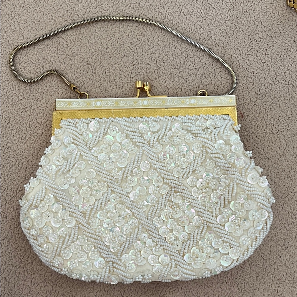 Elegant White Beaded Clutch